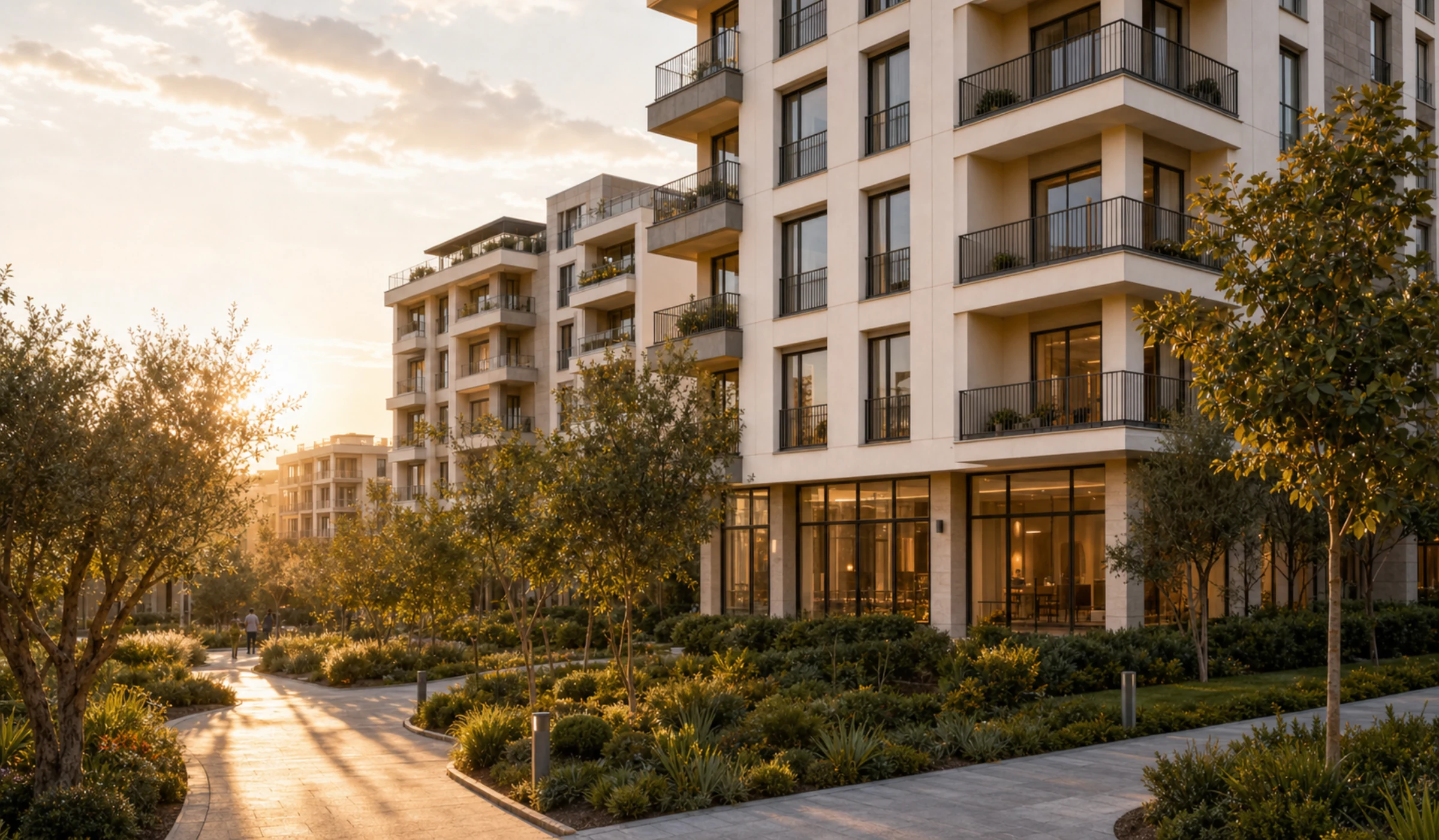 Peyzajlı avlu etrafında konumlanan modern konut yapıları